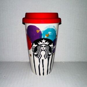 2016 Starbucks Valentine Balloons & Gold Hearts Ceramic Travel Cup 12 Oz w/ Lid